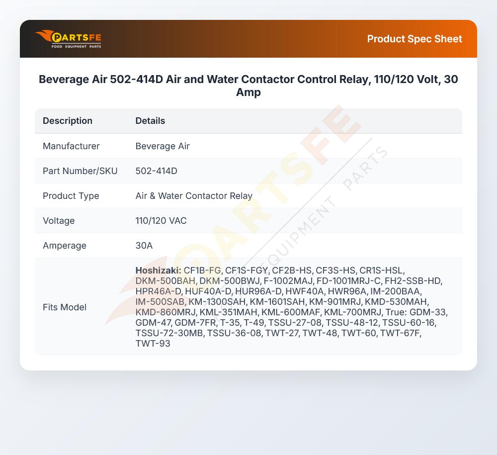 Beverage Air 502-414D Air and Water Contactor Control Relay, 110/120 Volt, 30 Amp