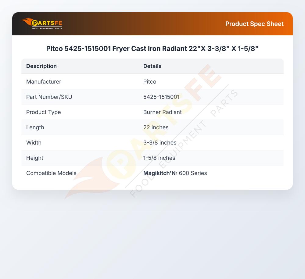 Pitco 5425-1515001 Fryer Cast Iron Radiant 22"X 3-3/8" X 1-5/8"