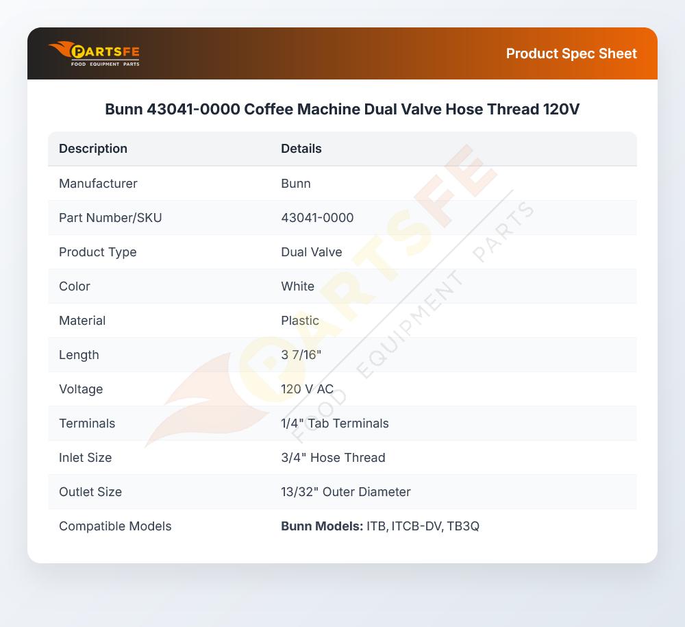 Bunn 43041-0000 Coffee Machine Dual Valve Hose Thread 120V
