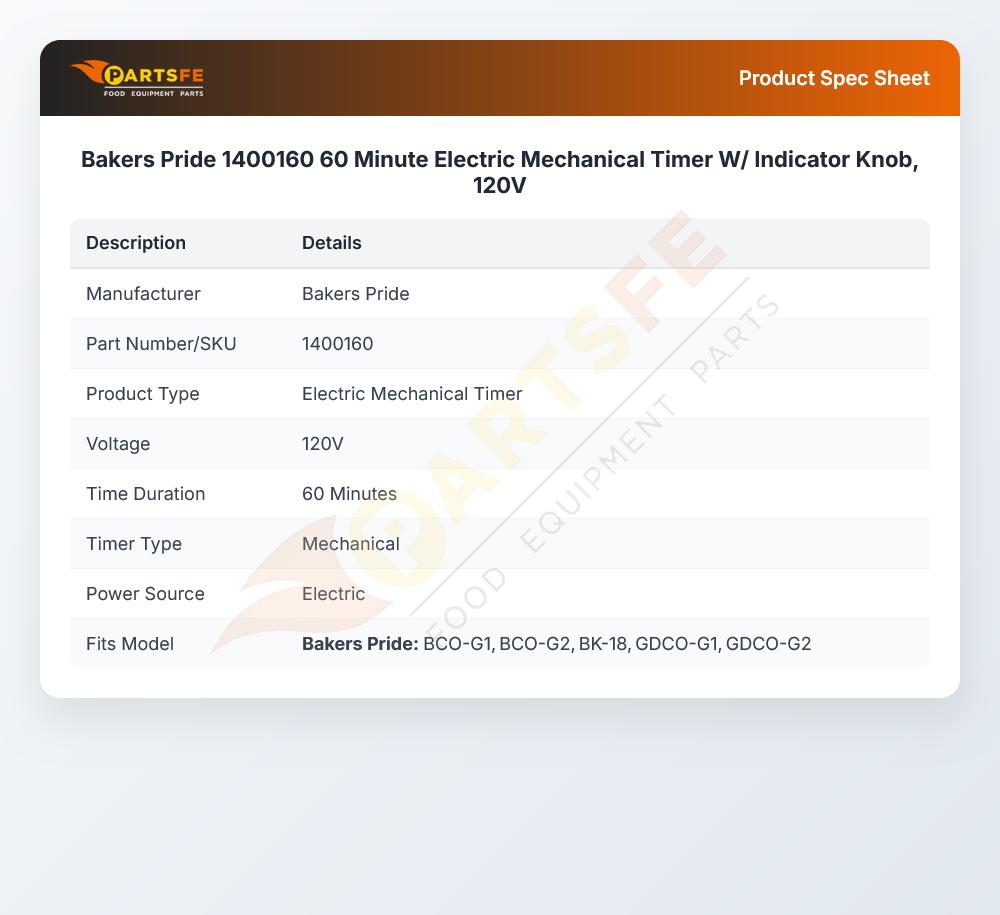 Bakers Pride 1400160 Timer 60-Minute 120V