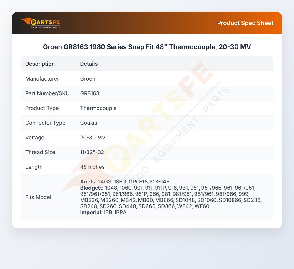 Groen GR8163 1980 Series Snap Fit 48" Thermocouple, 20-30 MV