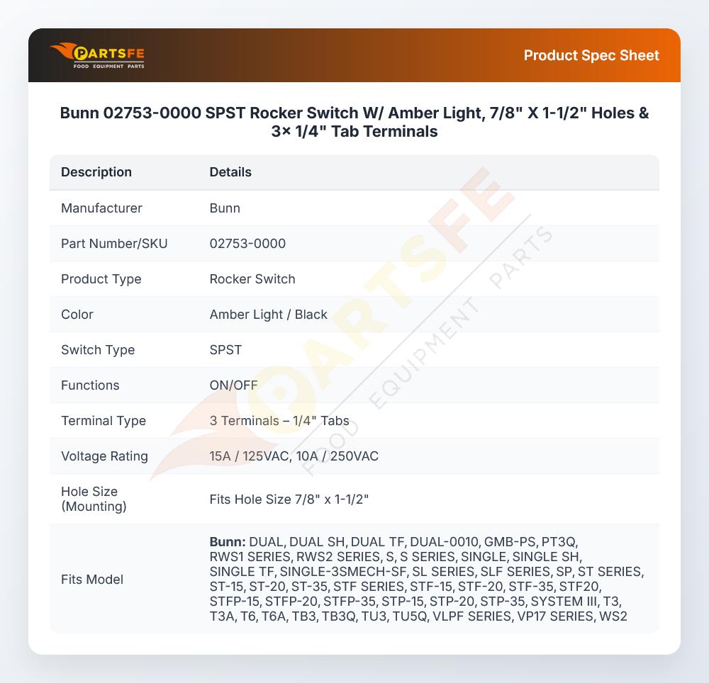 Bunn 02753-0000 SPST Rocker Switch W/ Amber Light, 7/8" X 1-1/2" Holes & 3x 1/4" Tab Terminals