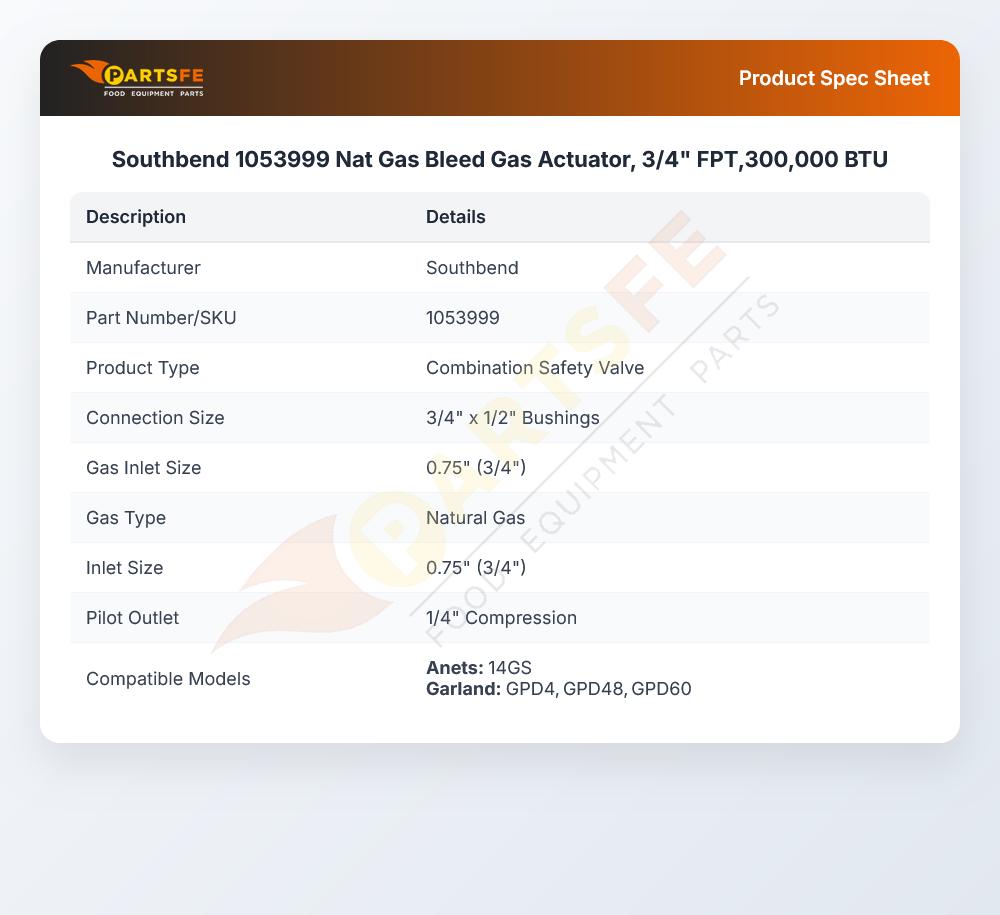 Southbend 1053999 Nat Gas Bleed Gas Actuator, 3/4" FPT,300,000 BTU