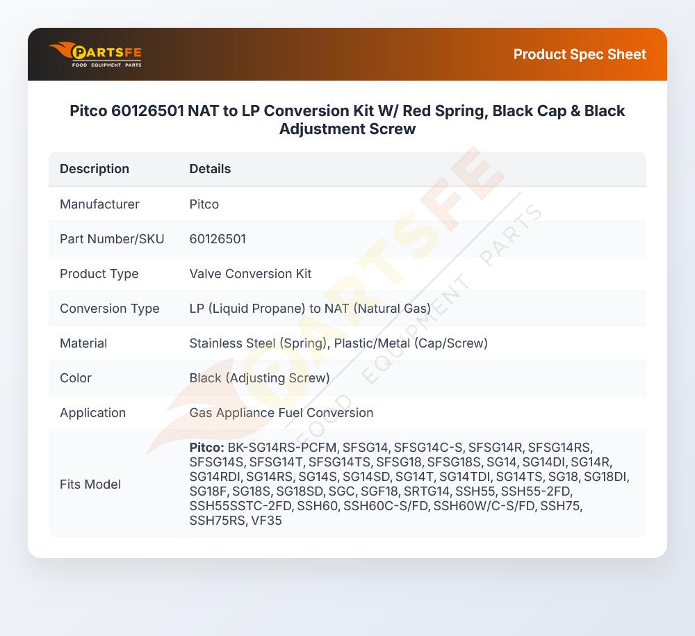 Pitco 60126501 NAT to LP Conversion Kit W/ Red Spring, Black Cap & Black Adjustment Screw