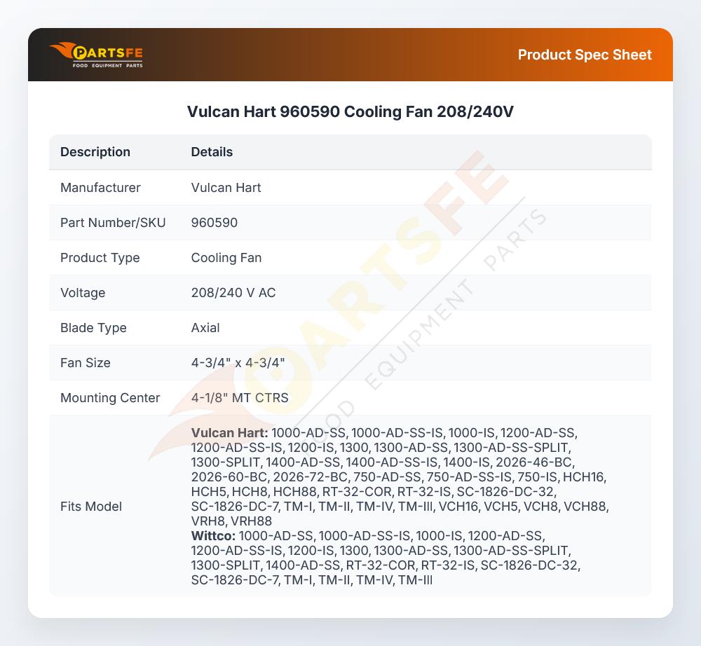 Vulcan Hart 960590 Cooling Fan 208/240V