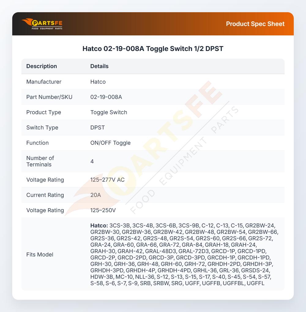 Hatco 02-19-008A Toggle Switch 1/2 DPST