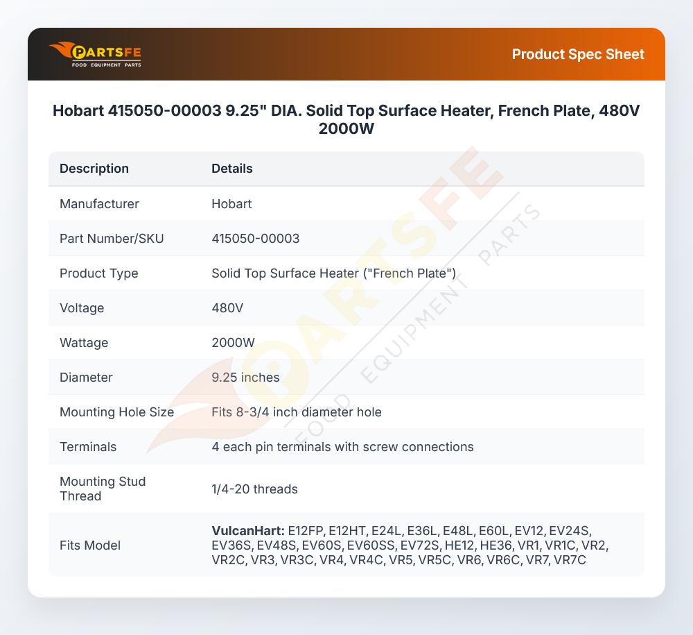 Hobart 415050-00003 Solid Top Surface Heater French Plate 9.25" DIA 2000W 480V