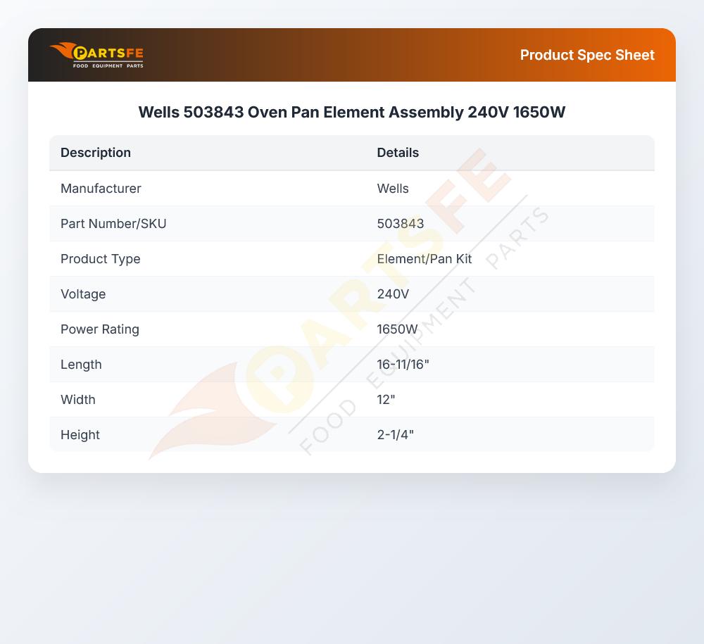 Wells 503843 Oven Pan Element Assembly 240V 1650W