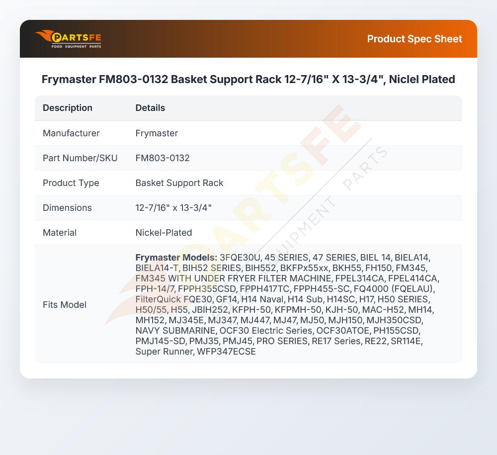 Frymaster FM803-0132 Basket Support Rack 12-7/16" X 13-3/4", Niclel Plated