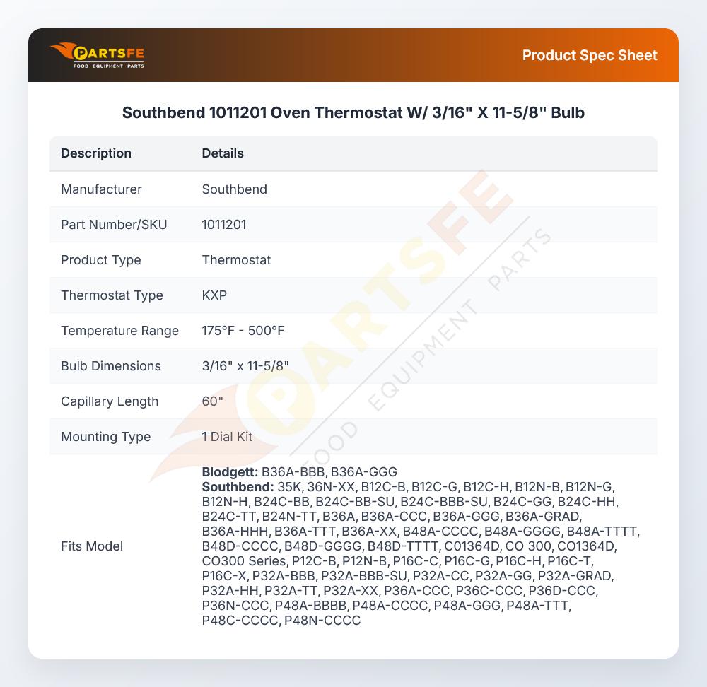 Southbend 1011201 Thermostat W/Dial Bulb 3/16" X 11-5/8" CAP 60" 175&deg;F - 500&deg;F KX