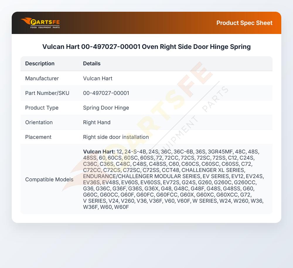 Vulcan Hart 00-497027-00001 Oven Right Side Door Hinge Spring