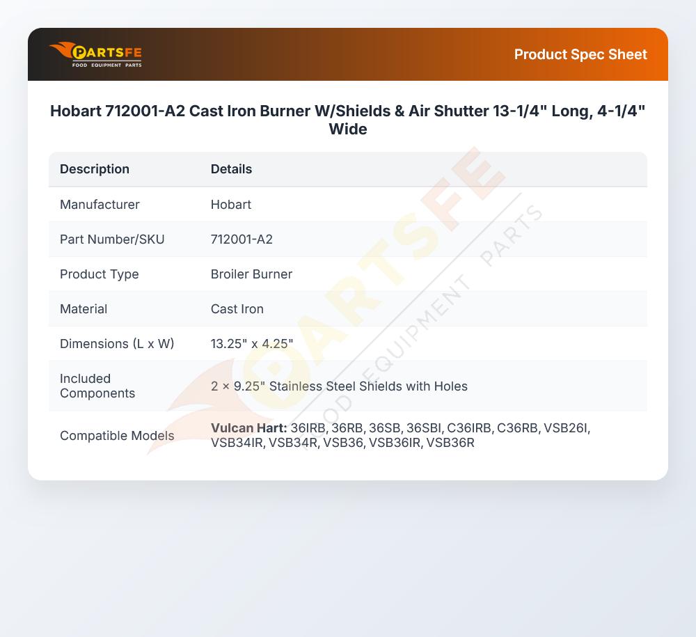 Hobart 712001-A2 Cast Iron Burner W/Shields & Air Shutter 13-1/4" Long, 4-1/4" Wide