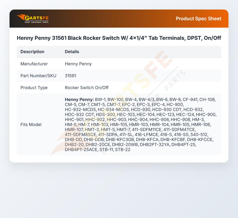 Henny Penny 31561 Black Rocker Switch W/ 4x1/4" Tab Terminals, DPST, On/Off