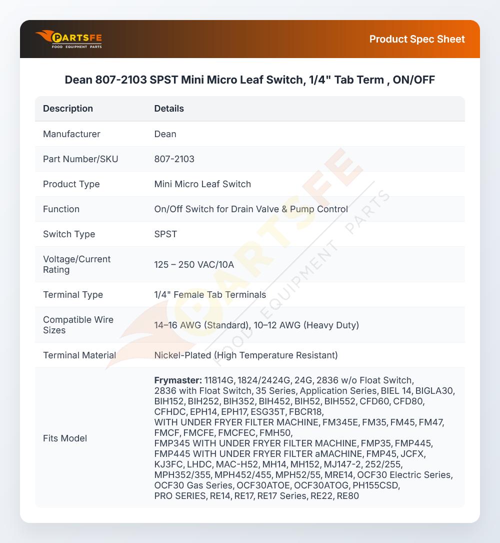 Dean 807-2103 SPST Mini Micro Leaf Switch, 1/4" Tab Term , ON/OFF