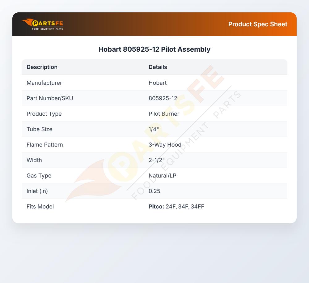 Hobart 805925-12 LP/Natural Gas Pilot Burner Assembly 1/4"