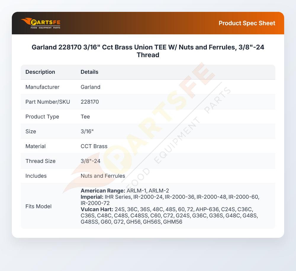 Garland 228170 3/16" Cct Brass Union TEE W/ Nuts and Ferrules, 3/8"-24 Thread