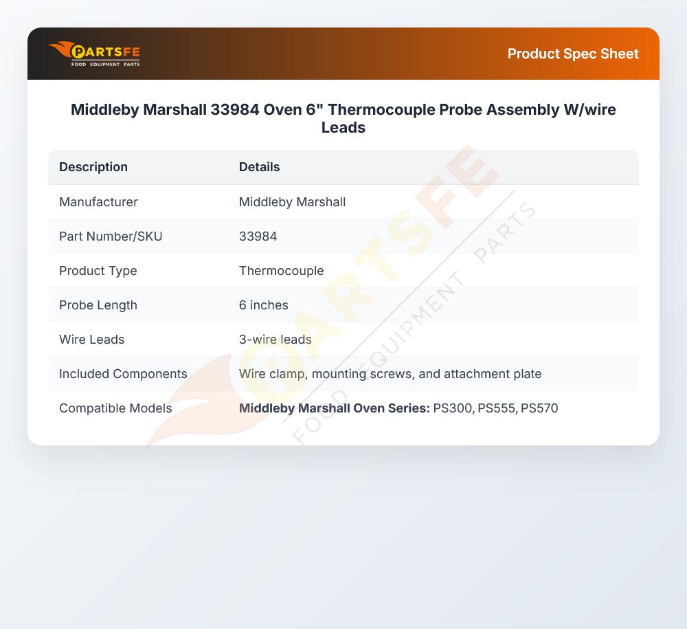 Middleby Marshall 33984 Oven 6" Thermocouple Probe Assembly W/wire Leads