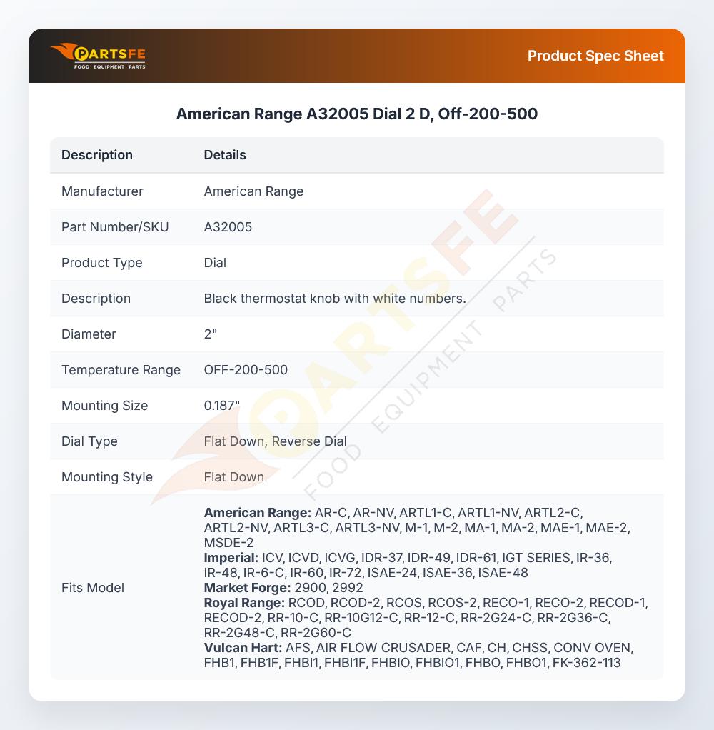 American Range A32005 Dial 2 D OFF-200-500&deg;F