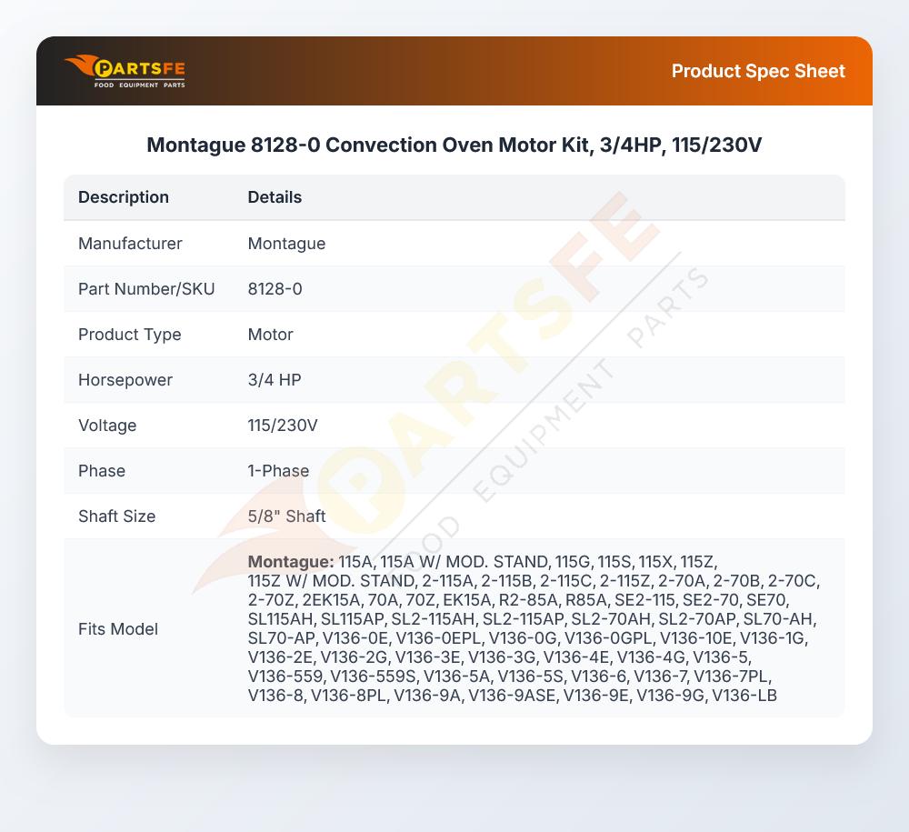 Montague 8128-0 Convection Oven Motor Kit 3/4HP 115/230V