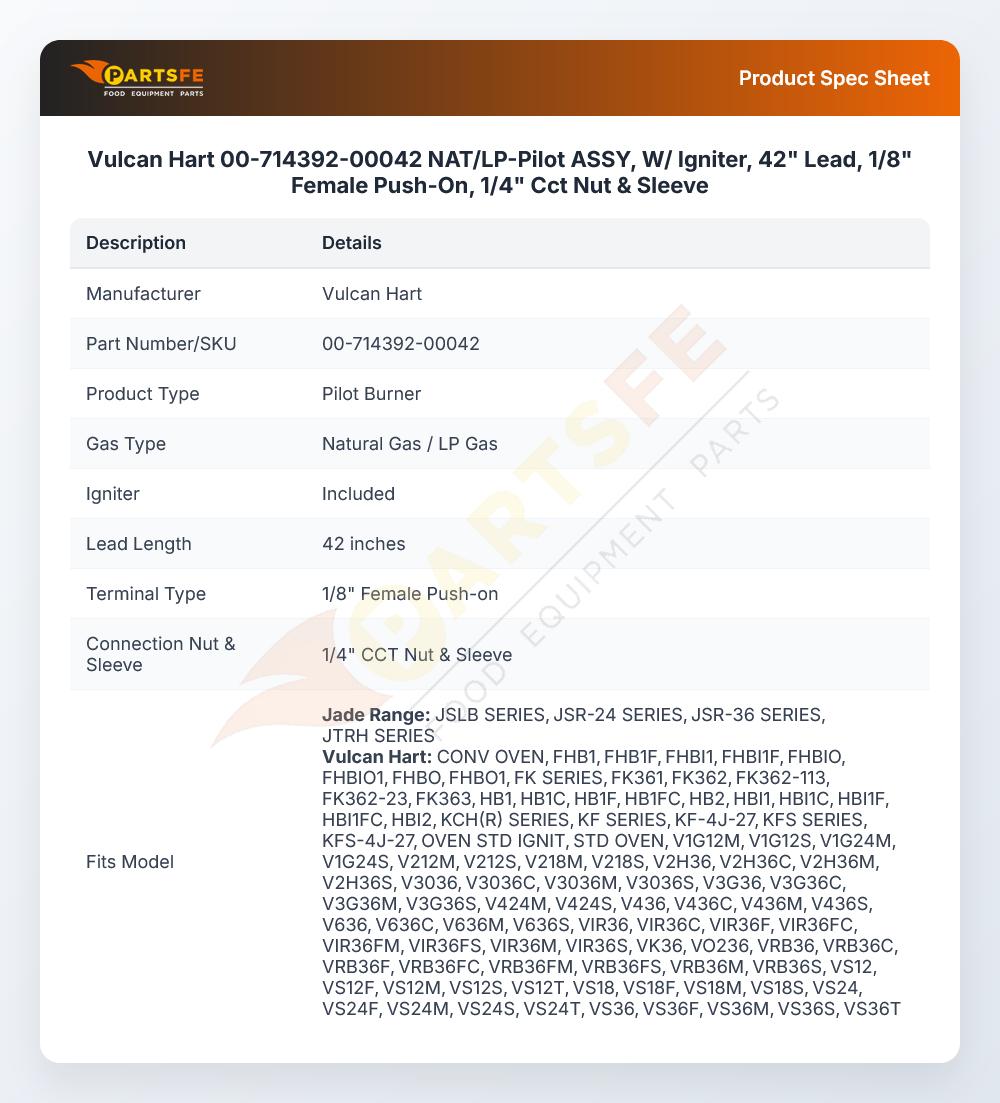 Vulcan Hart 00-714392-00042 Gas Broiler Pilot W/Spark Ignitor
