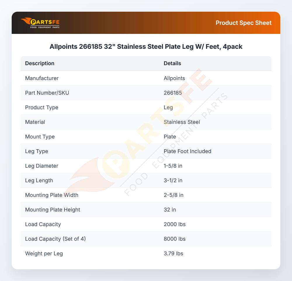 Allpoints 266185 32" Stainless Steel Plate Leg W/ Feet, 4pack