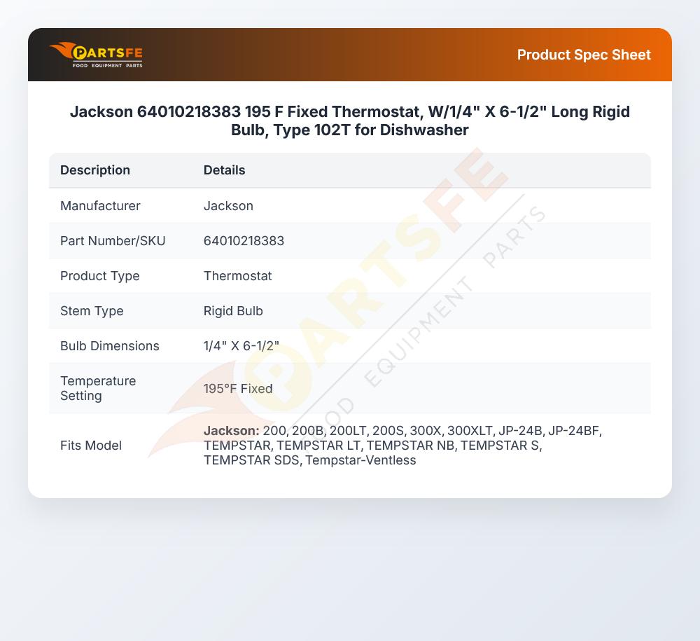 Jackson 64010218383 Fixed Thermostat Rigid Bulb 1/4" X 6-1/2"L 195&deg;F 102T