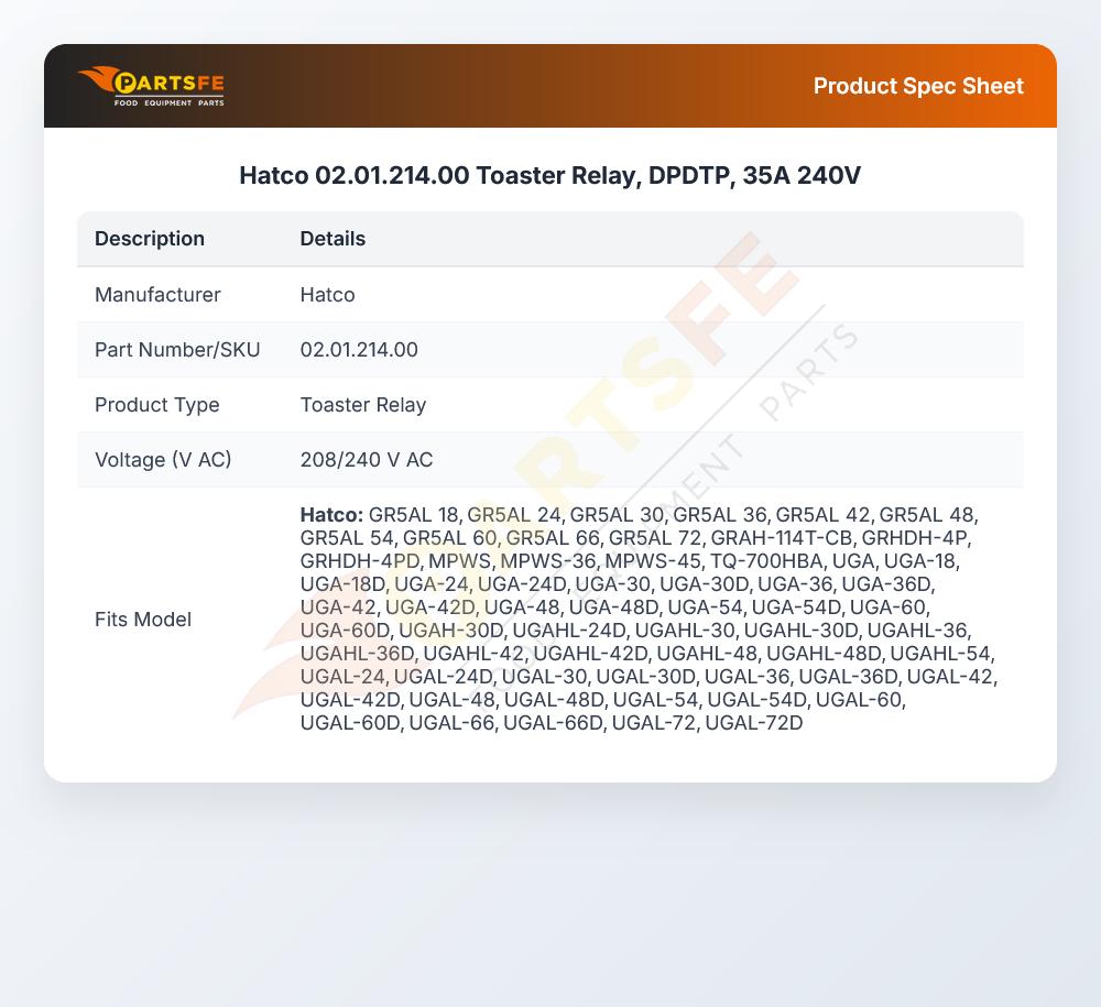 Hatco 02.01.214.00 Toaster Relay, DPDTP, 35A 240V