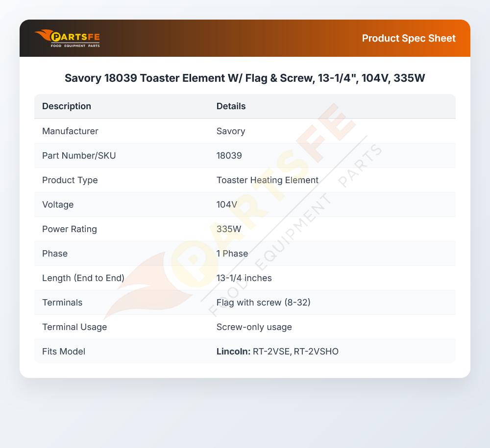Savory 18039 Toaster Element 13-1/4" 335W 104V