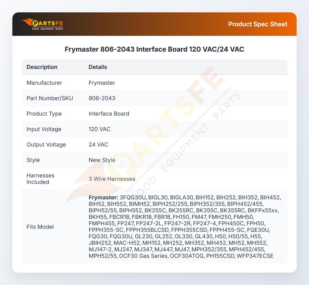 Frymaster 806-2043 Gas Fryer Interface Board 120 VAC/24 VAC
