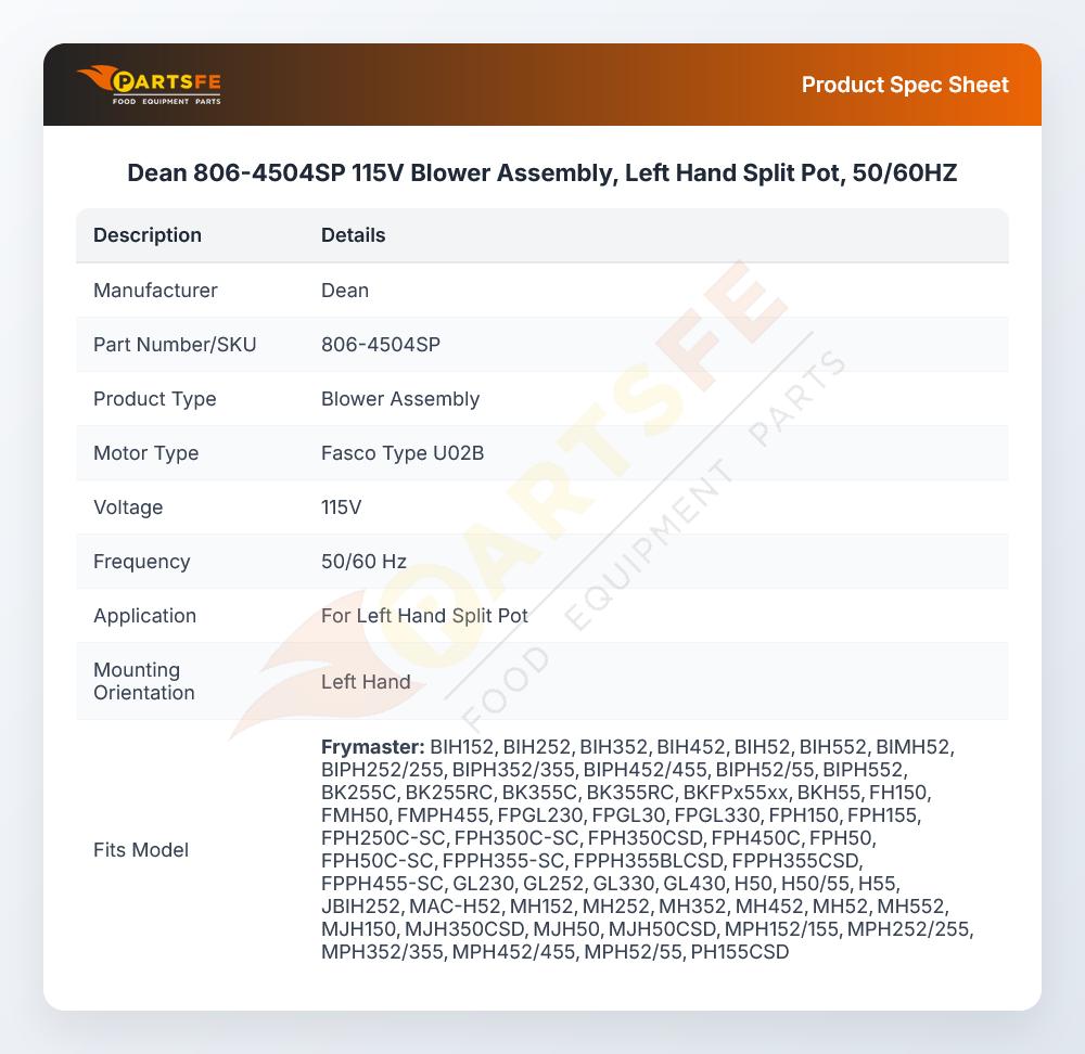 Dean 806-4504SP Blower Assembly 115V 50/60Hz