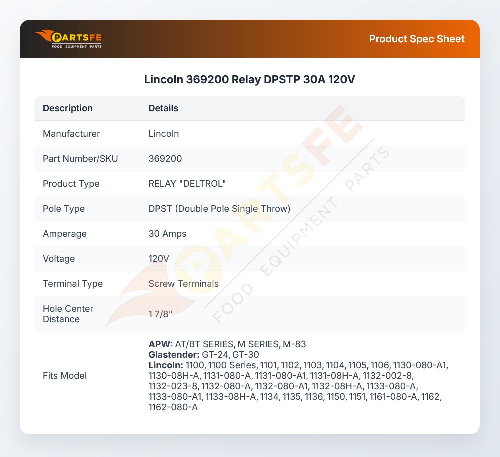 Lincoln 369200 Conveyor Oven Relay DPST 30A 120V