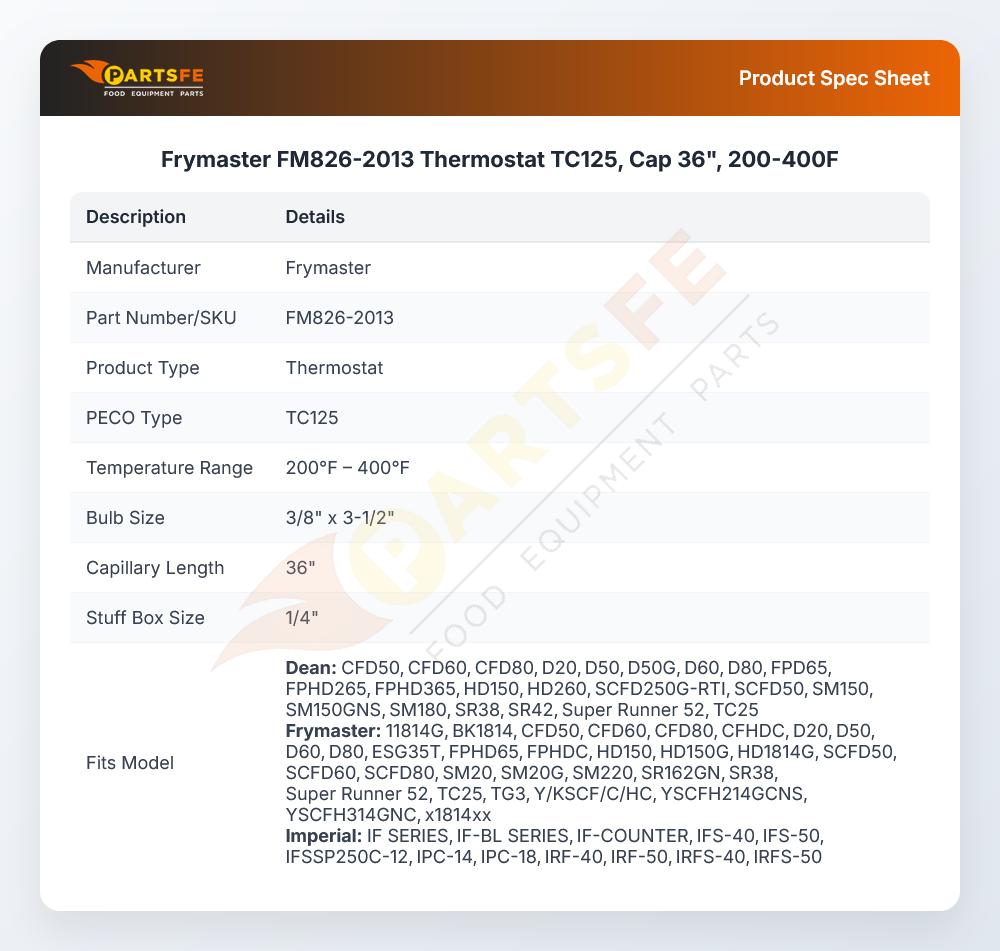 Frymaster FM826-2013 Thermostat TC125 200-400F 36" Capillary