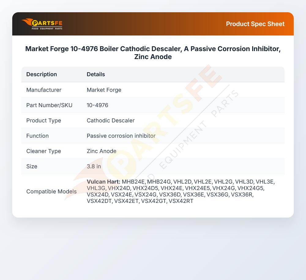 Market Forge 10-4976 Boiler Cathodic Descaler, A Passive Corrosion Inhibitor, Zinc Anode