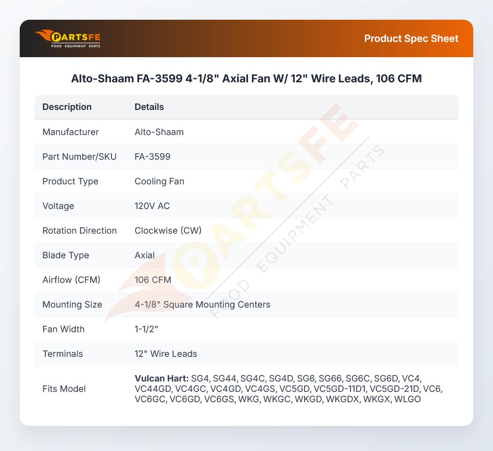 Alto-Shaam FA-3599 Axial Fan 12" Wire Leads 4-1/8" 106 CFM