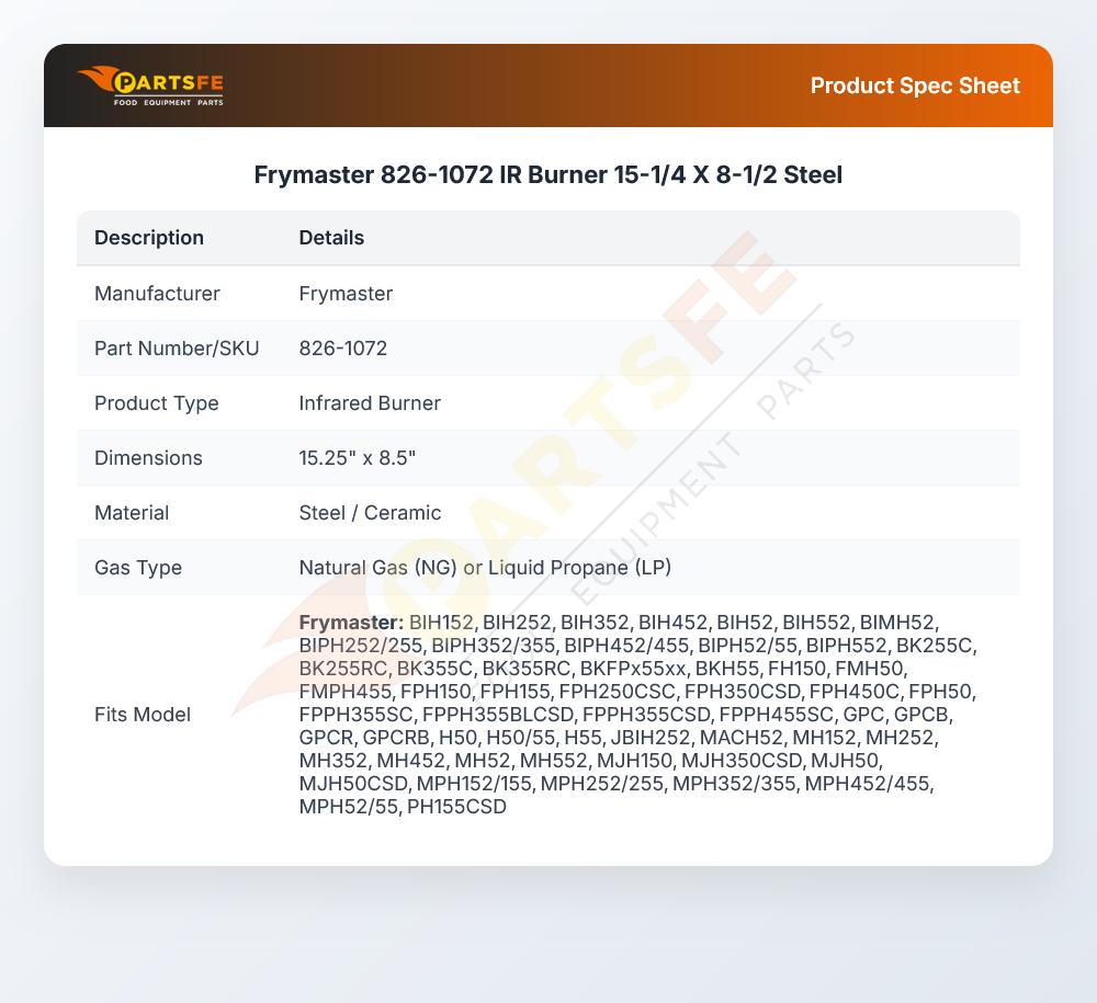 Frymaster 826-1072 Fryer Infrared Burner Steel 15-1/4" X 8-1/2"