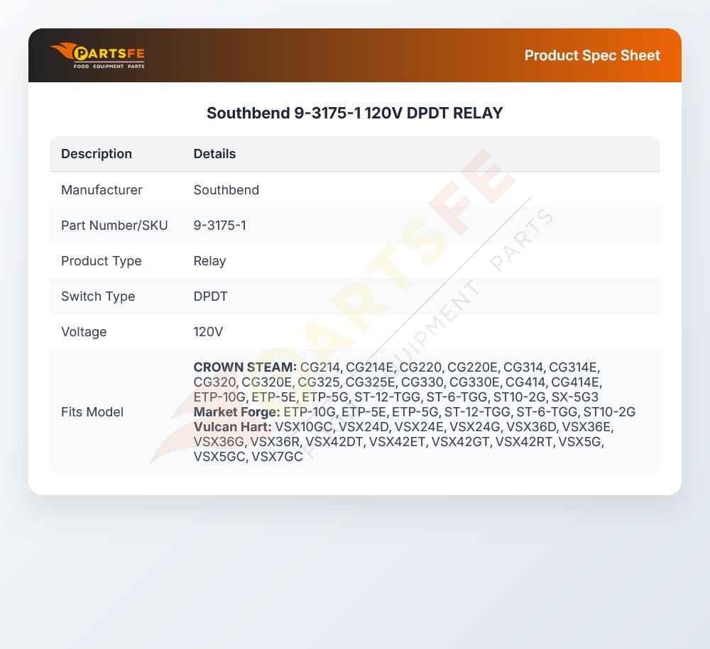 Southbend 9-3175-1 Gas Broiler Relay DPDT 120V