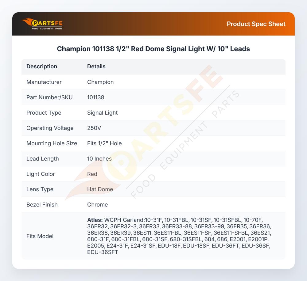 Champion 101138 1/2" Red Dome Signal Light W/ 10" Leads