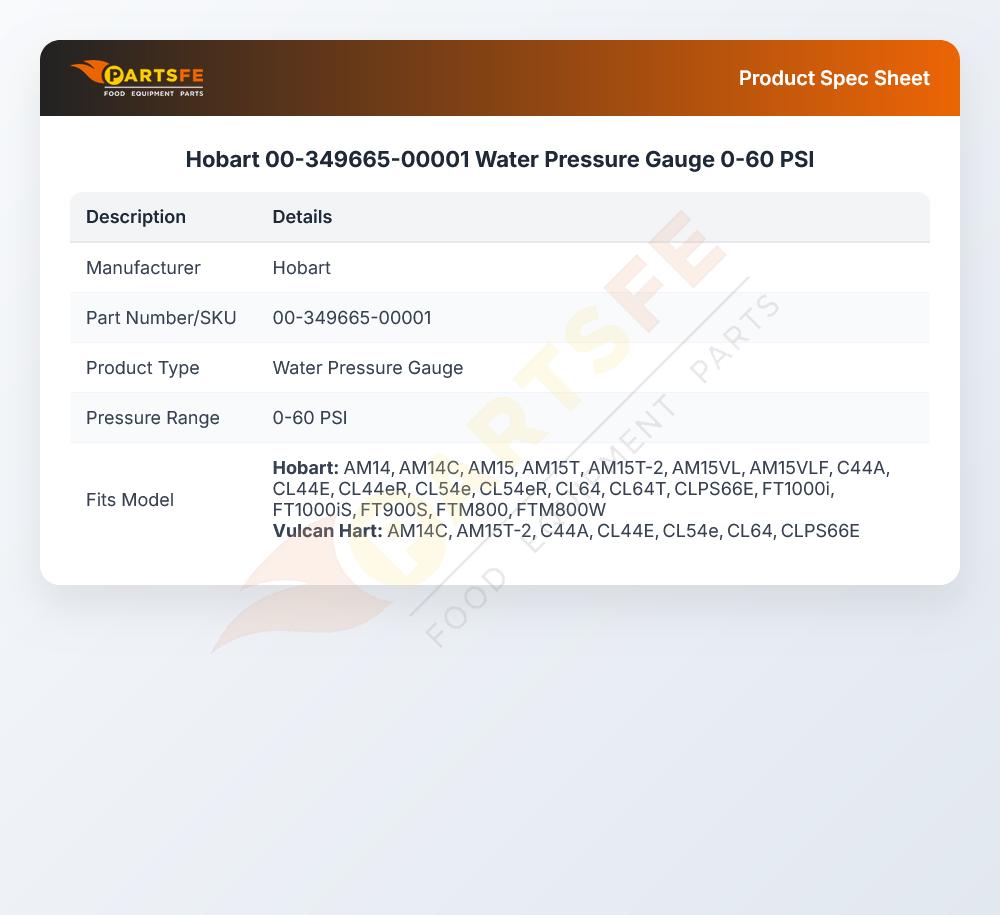 Hobart 00-349665-00001 Water Pressure Gauge 0-60 PSI