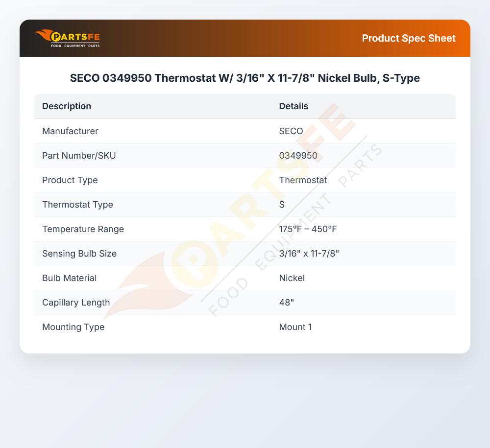 SECO 0349950 Thermostat W/ 3/16" X 11-7/8" Nickel Bulb, S-Type