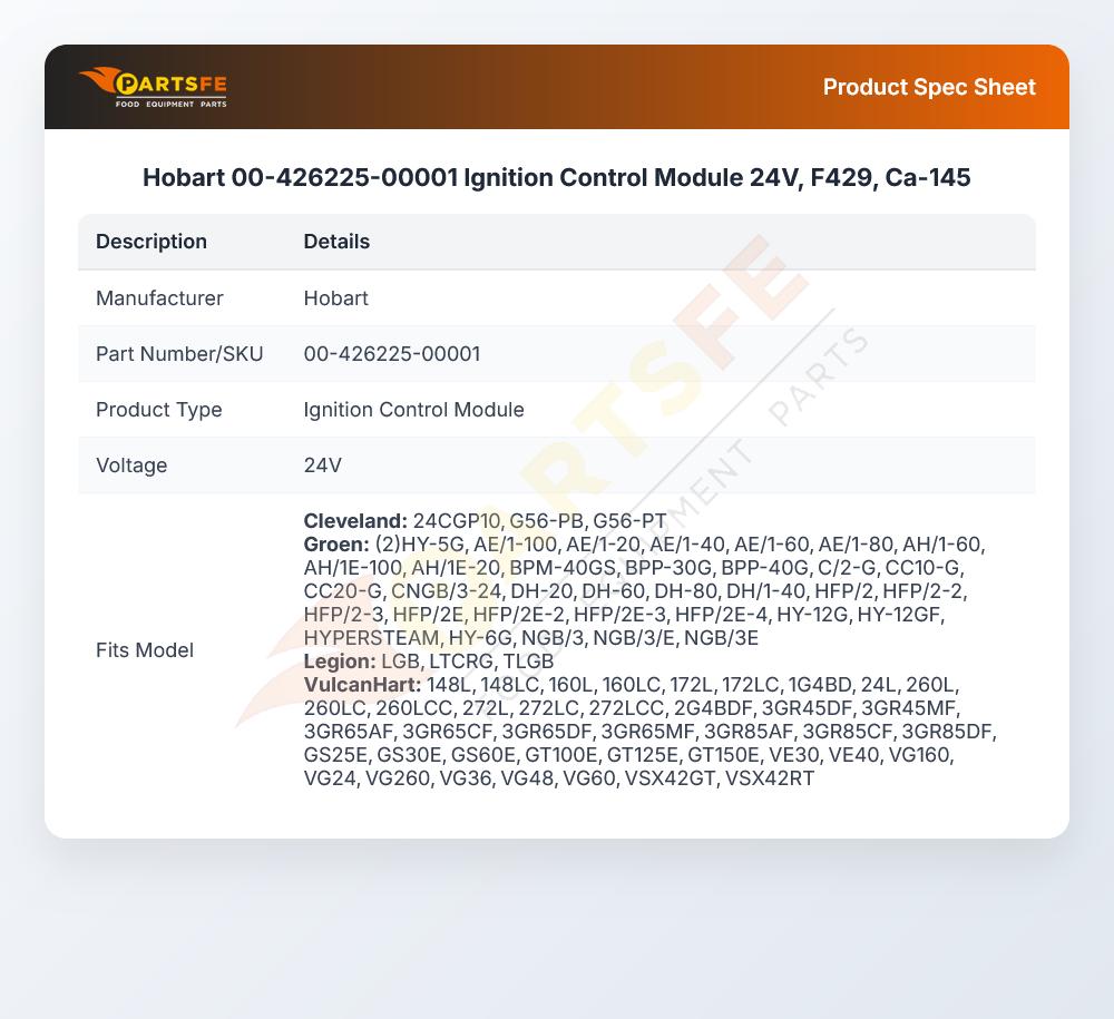 Hobart 00-426225-00001 Fryer Ignition Control Module 24V F429 CA-146