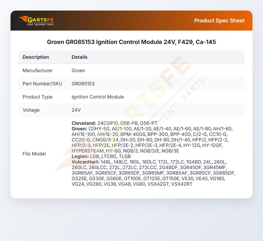 Groen GR085153 Fryer Ignition Control Module 24V F429 CA-159