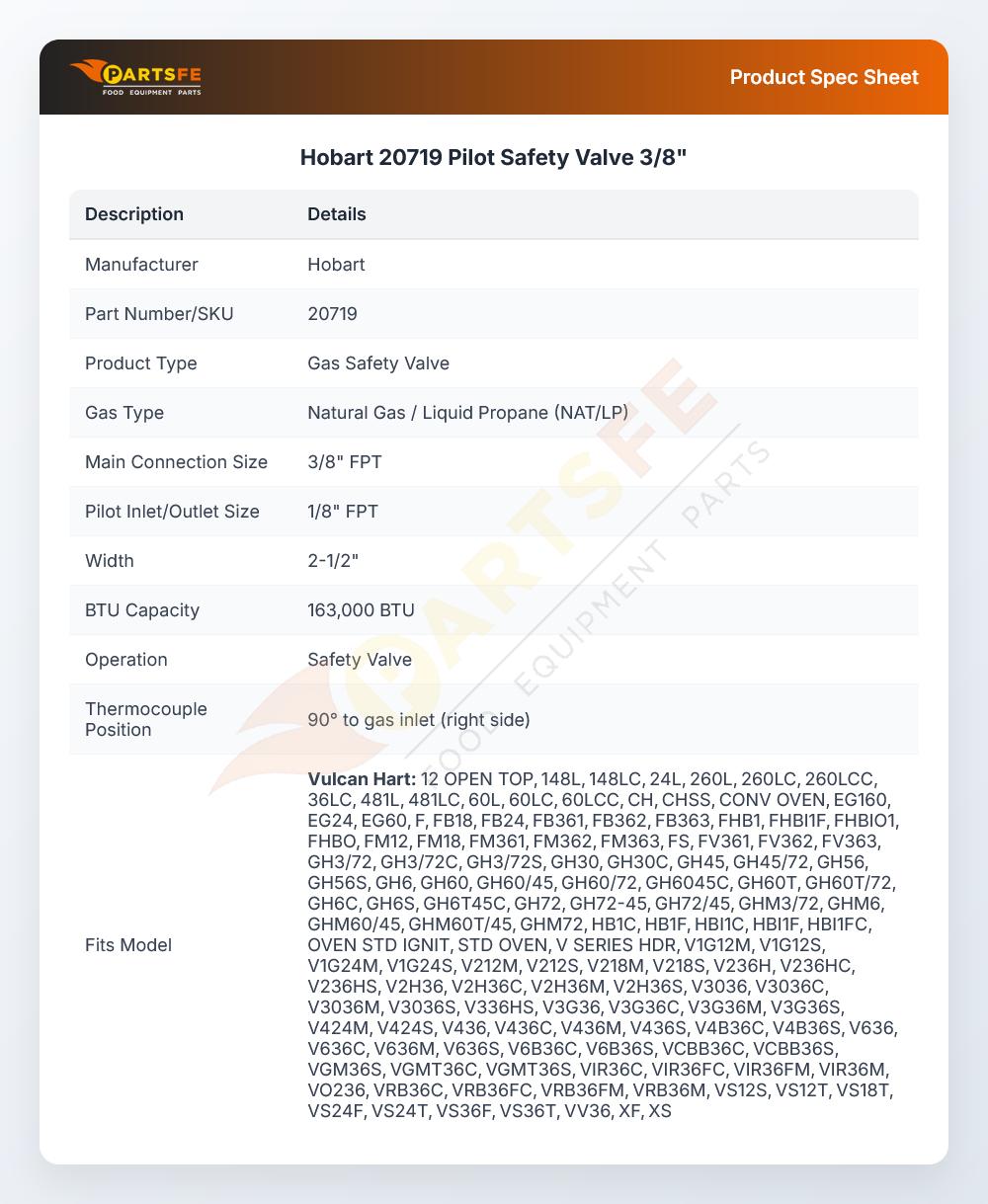 Hobart 20719 Pilot Safety Valve 3/8"