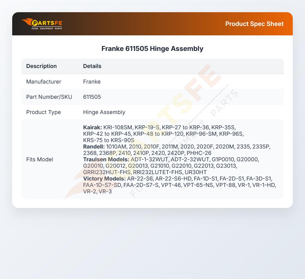 Franke 611505 Hinge Assembly