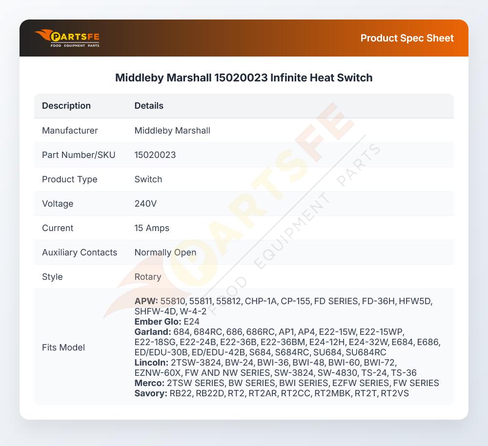 Middleby Marshall 15020023 Infinite Heat Switch