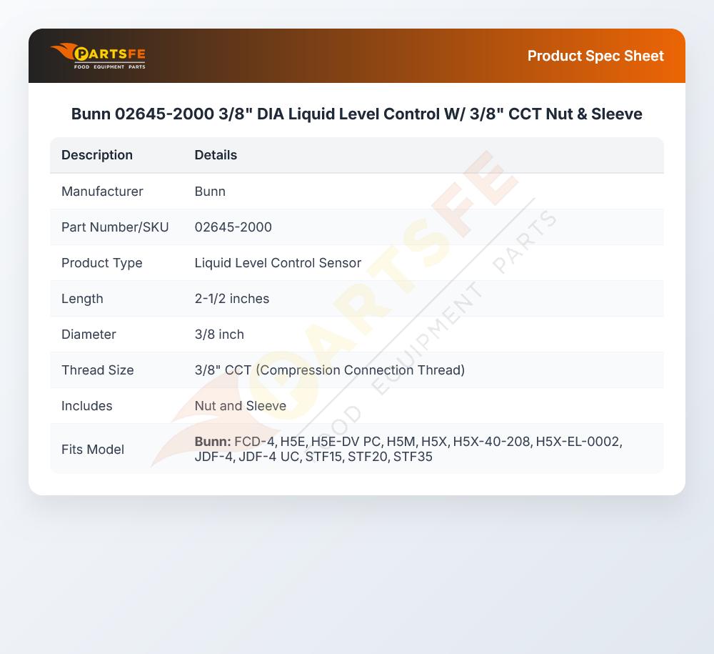 Bunn 02645-2000 3/8" DIA Liquid Level Control W/ 3/8" CCT Nut & Sleeve