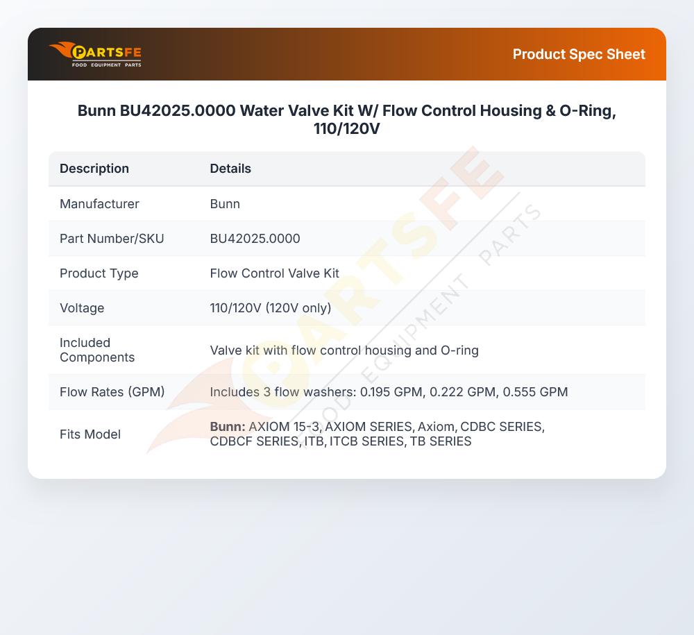 Bunn BU42025.0000 Water Valve Kit W/ Flow Control Housing & O-Ring, 110/120V