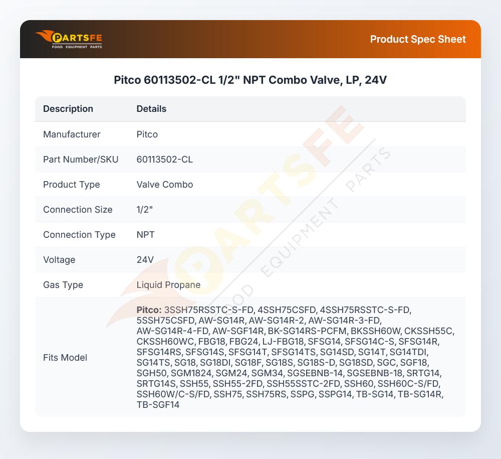 Pitco 60113502-CL Combo Gas Valve LP 1/2" NPT 24V