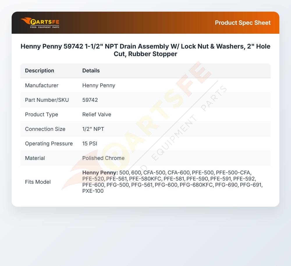 Henny Penny 59742 Electric Pressure Fryer Relief Valve 1/2" 15 PSI