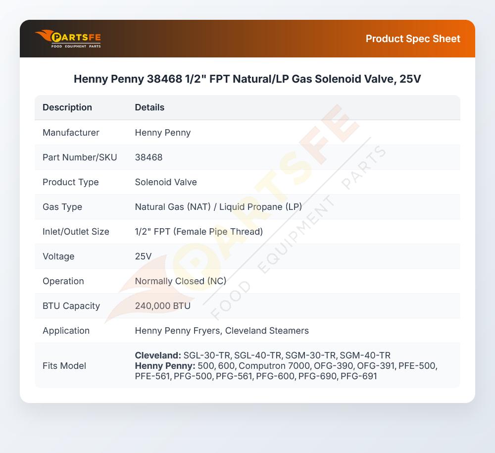 Henny Penny 38468 1/2" FPT Natural/LP Gas Solenoid Valve, 25V