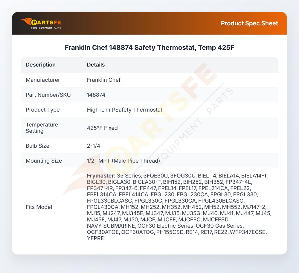 Franklin Chef 148874 Fryer High-Limit/Safety Thermostat Kit 425&deg;F 2-1/4" Bulb 1/2" MPT